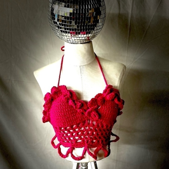 HOT PINK CROCHETED FESTIVAL OR SWIM TOP - Picture 7 of 8
